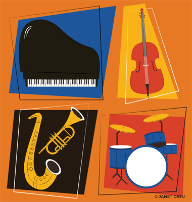 Piano, Cello, Saxophone, Trumpet, Drums, Jazz Instruments Set