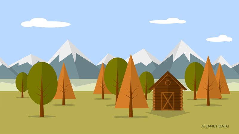 Mountain view with trees and cabin